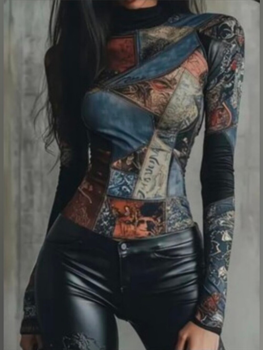 NEW Printed Collage Long Sleeve Slim-Fit Top Large